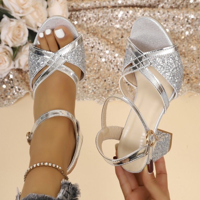 Women Shoes Formal - Sandal Wanita Hak Tinggi Emas Berkilau